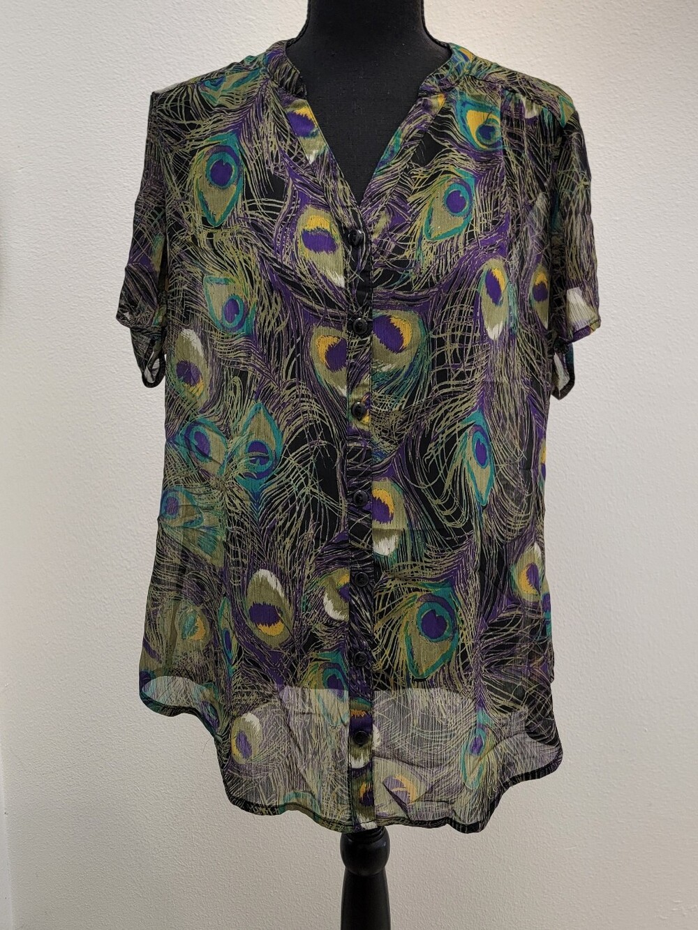Sara Michelle Sheer Peacock Feather Print Button-Front Blouse